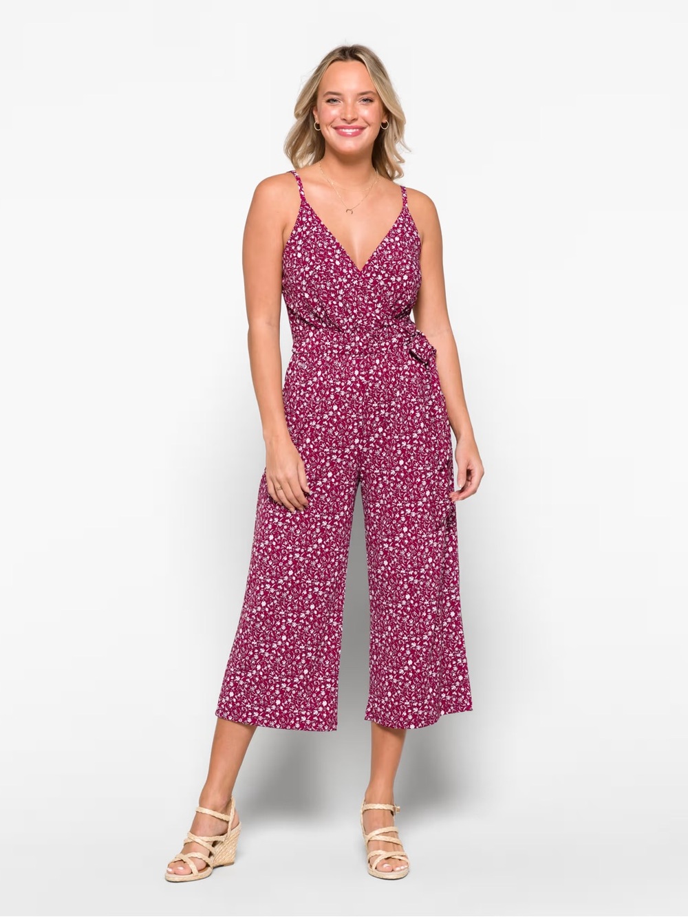 Kaileigh Berry Floral V-Neck Wide-Leg Jumpsuit